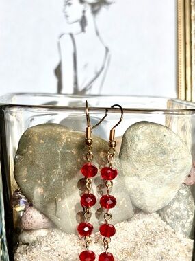 Gold-Tone Red Faceted Bead Dangle Earrings
